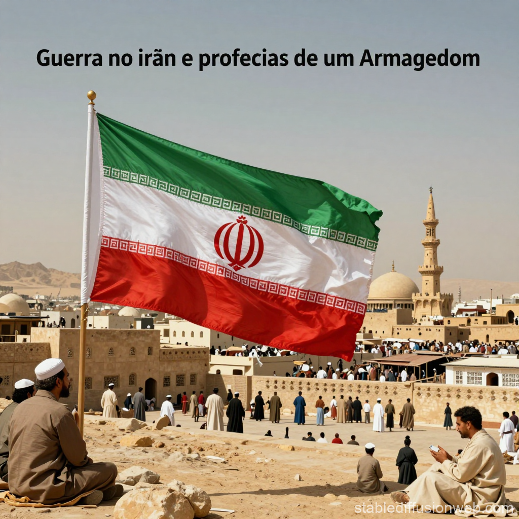 Iranian Flag Over Desert Gathering with Armageddon Prophecy Text