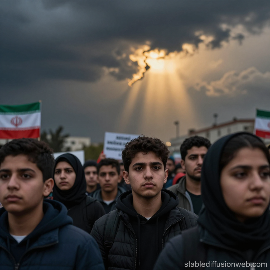 Iranian Protesters Under Dramatic Stormy Sky