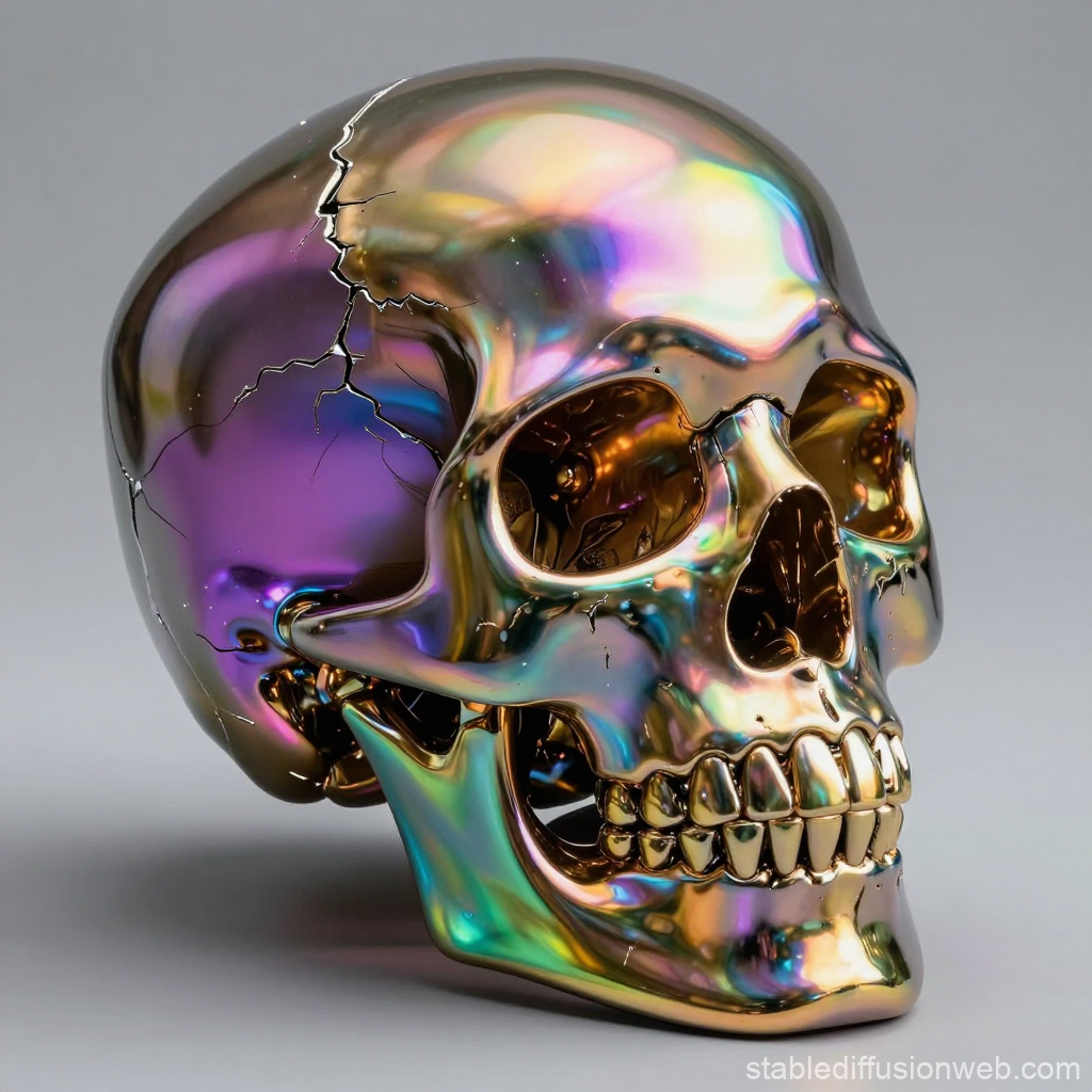 Iridescent Metallic Skull Sculpture with Cracks