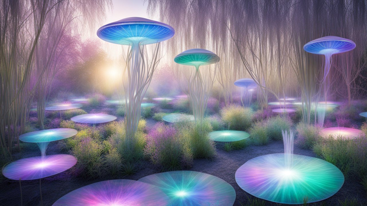 Iridescent UFO-like Mushrooms in a Mystical Forest
