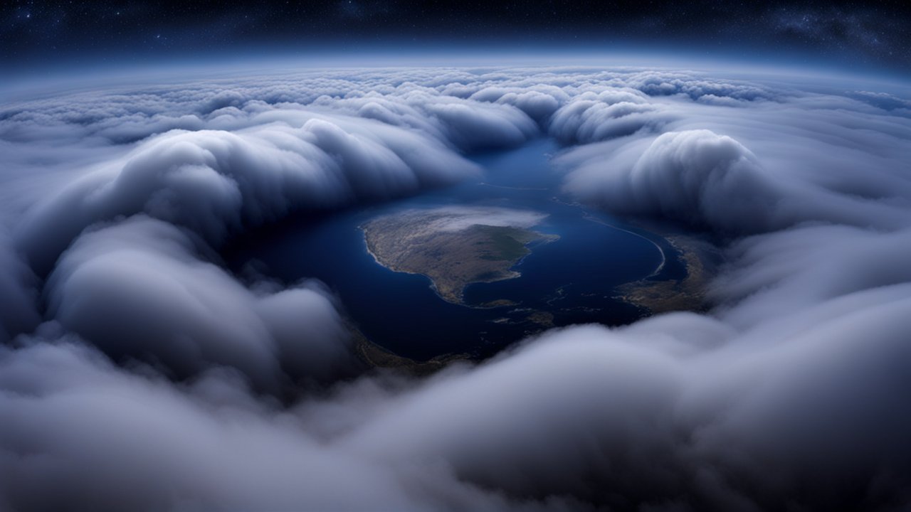 Island Surrounded by Rolling Clouds Viewed from Space