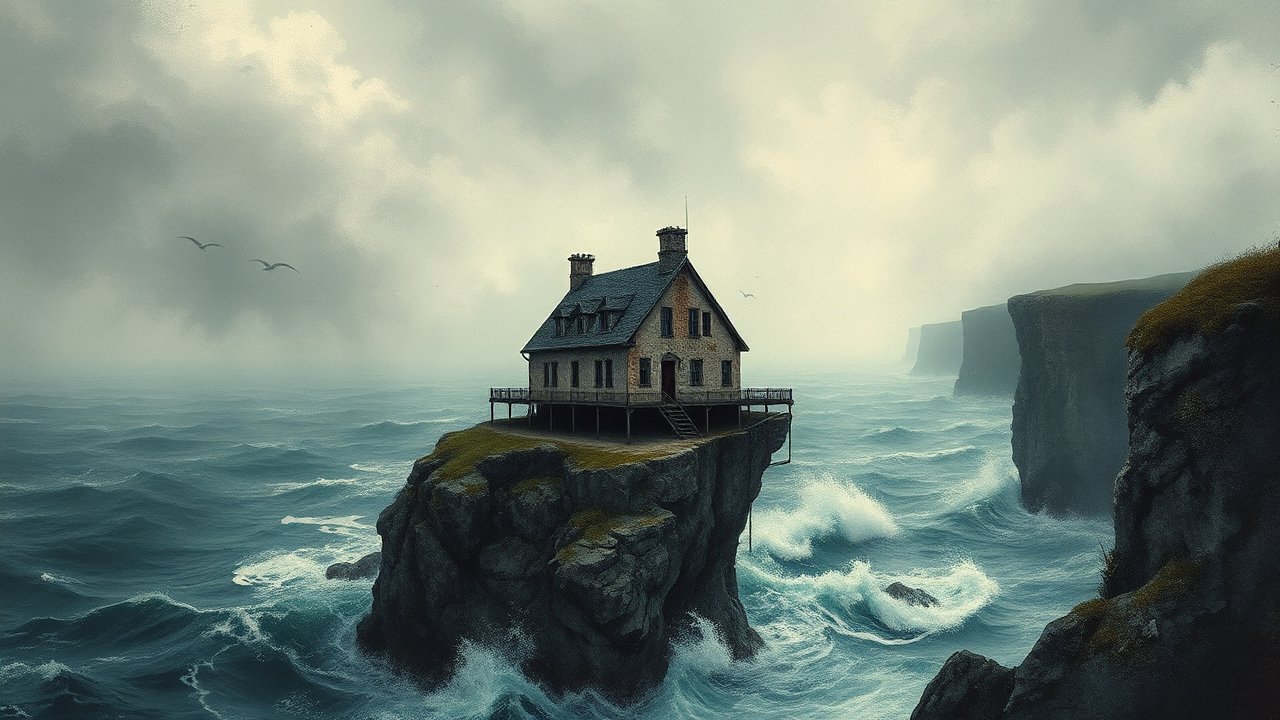 Isolated House on a Rocky Cliff Amid Stormy Sea