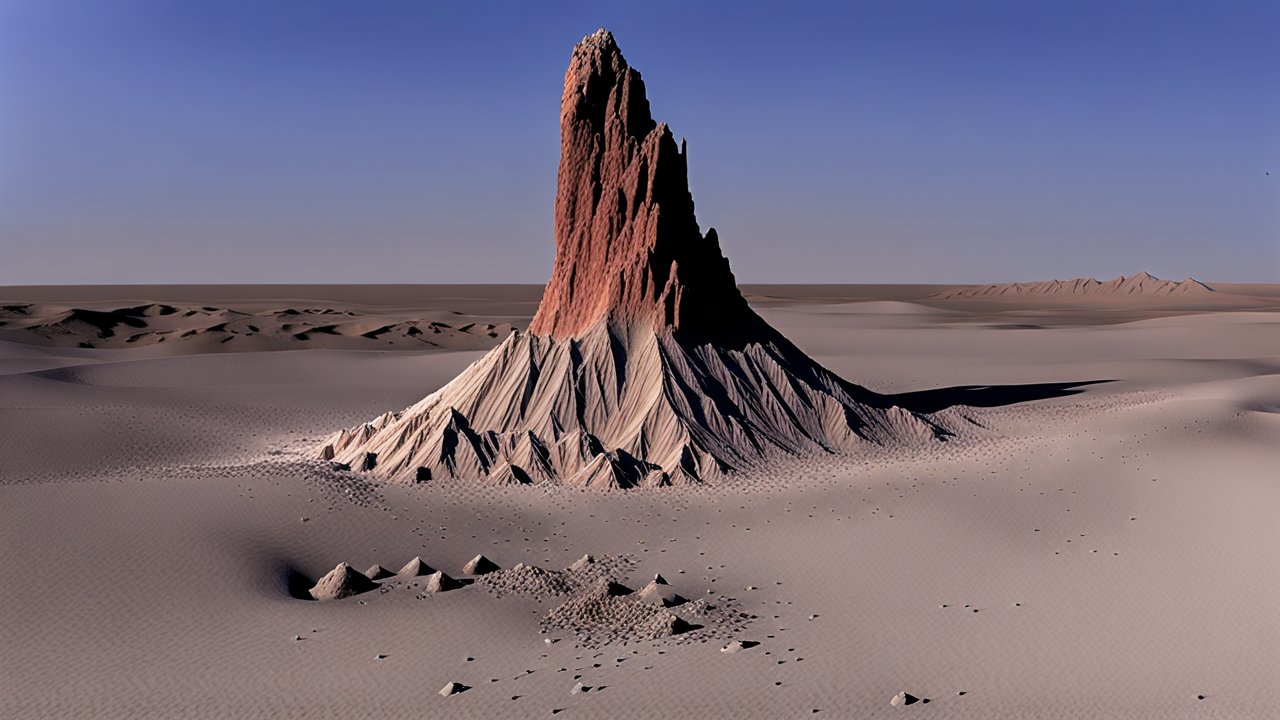 Isolated Rock Formation in a Vast Desert Landscape