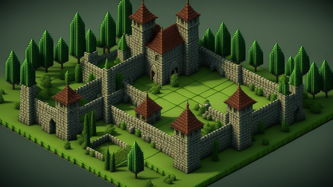 Isometric 3D Render of a Medieval Stone Castle with Trees