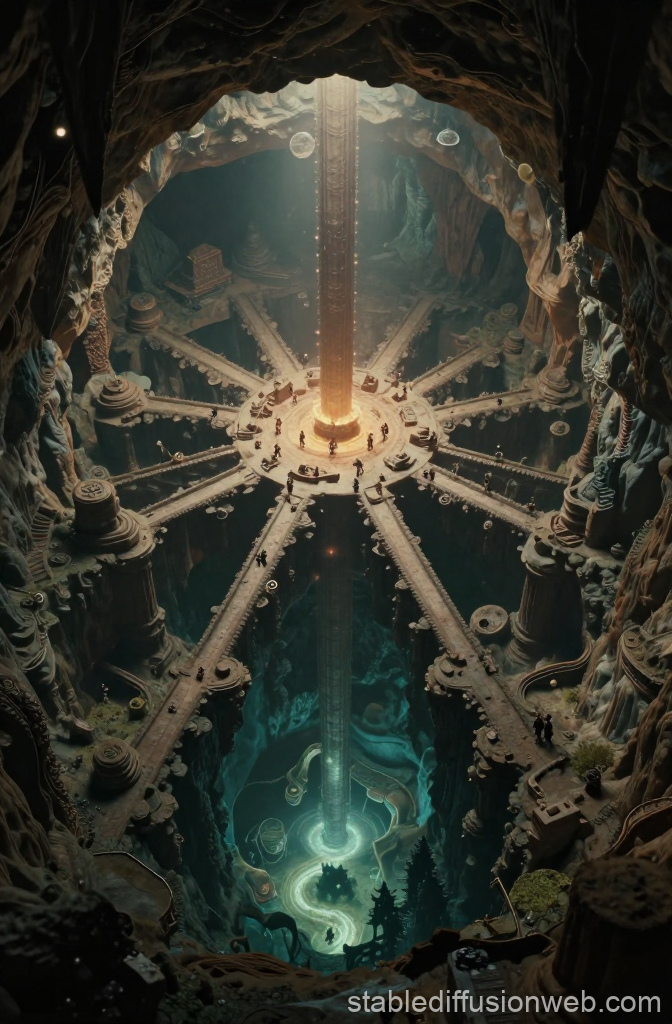 Isometric Ancient Cave Complex with Central Pillar