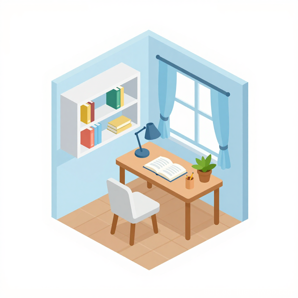 Isometric Cozy Study Room with Desk and Bookshelf