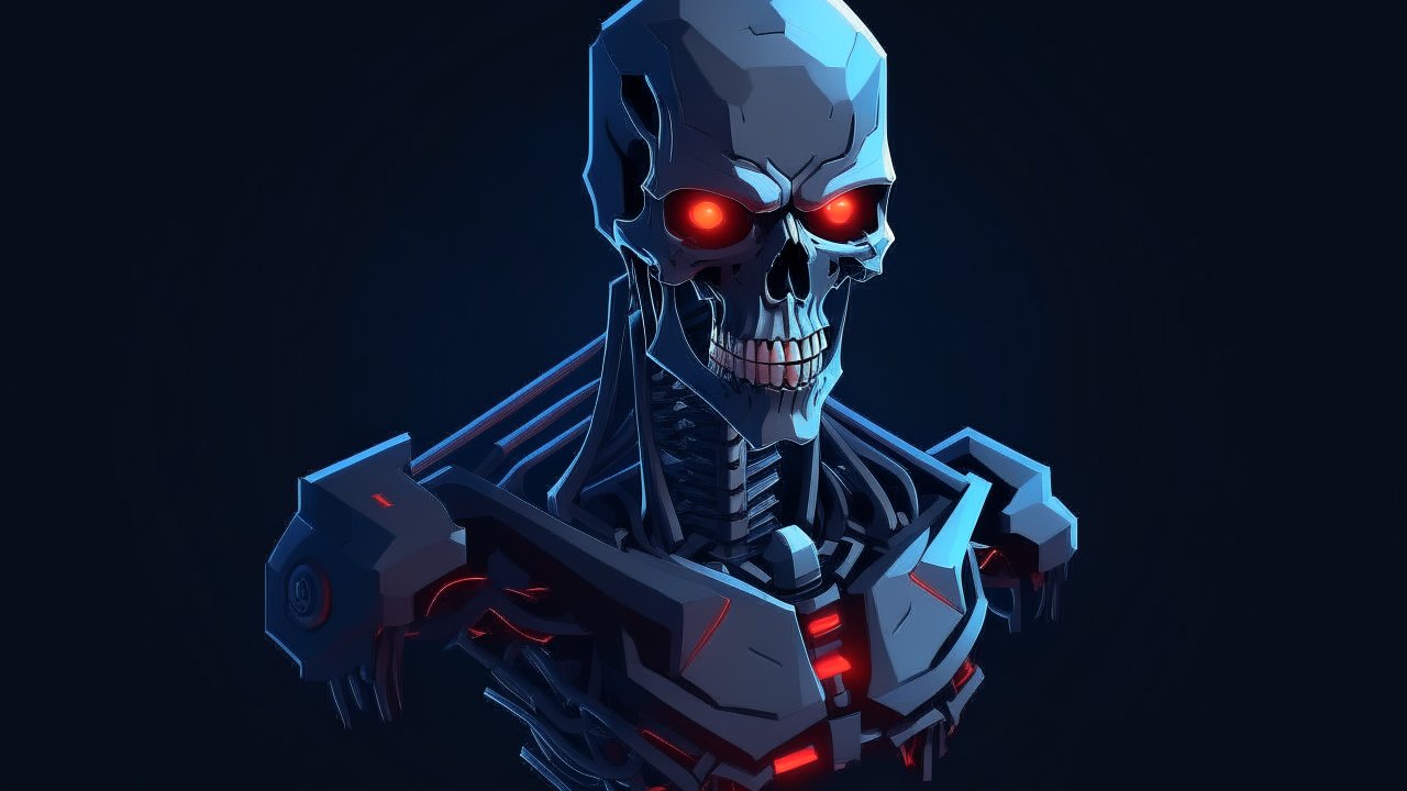 Isometric Dark Terminator Robot with Glowing Red Eyes