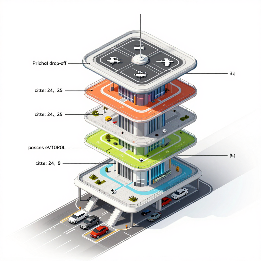 Isometric Diagram of a Futuristic Multi-Level Vertiport