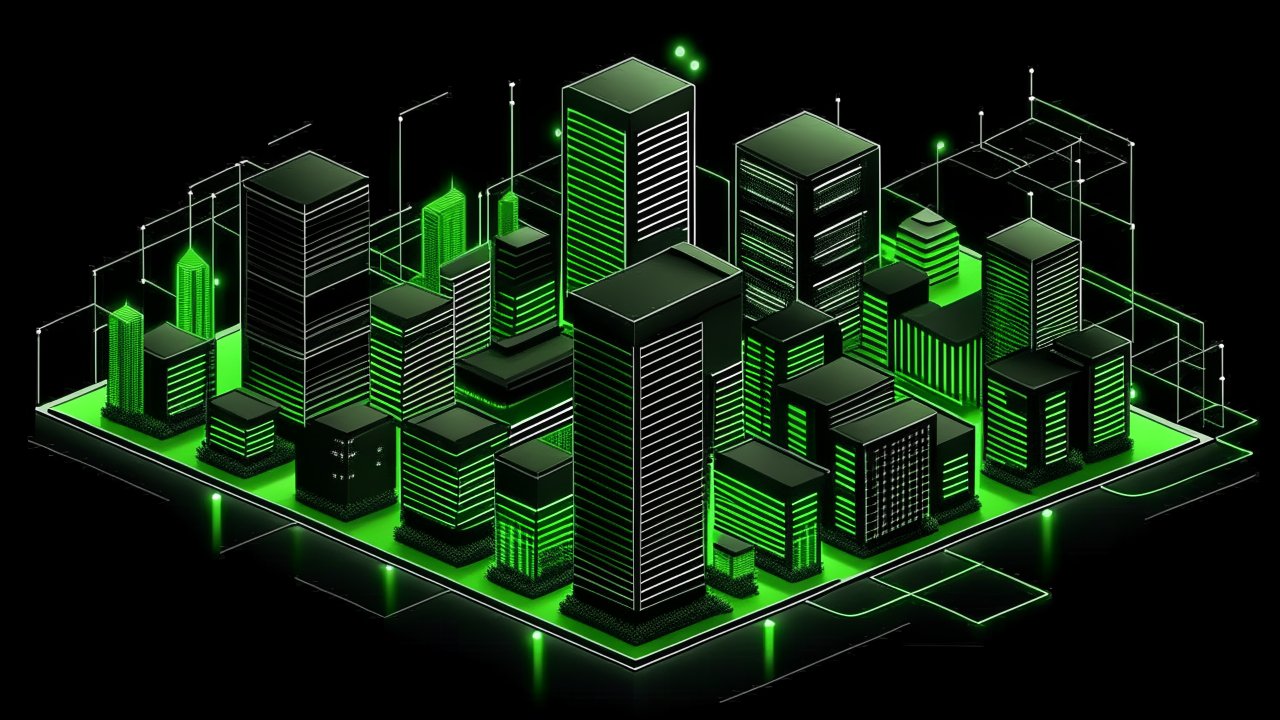 Isometric Futuristic Cityscape with Neon Green Highlights