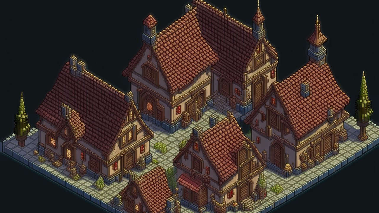 Isometric Medieval Village Houses Illustration