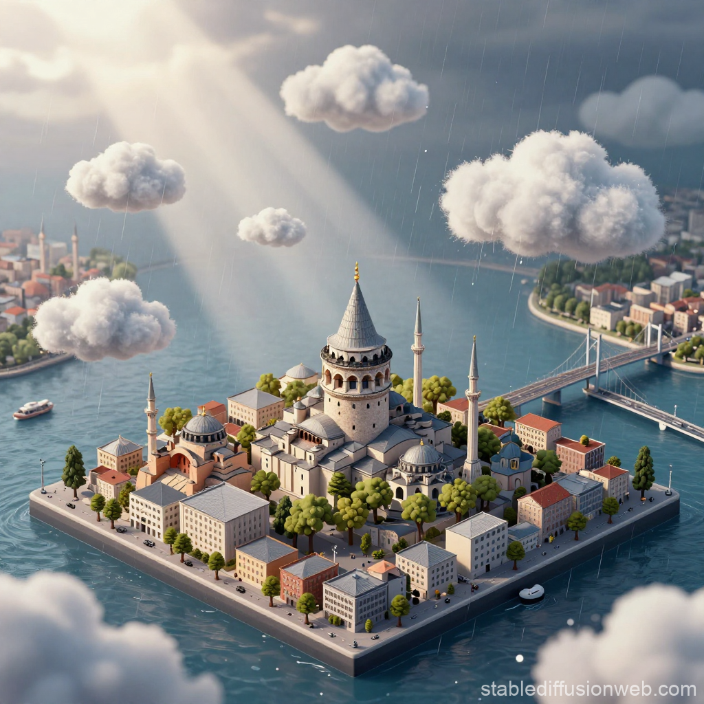 Isometric Miniature of Istanbul with Galata Tower in Rain