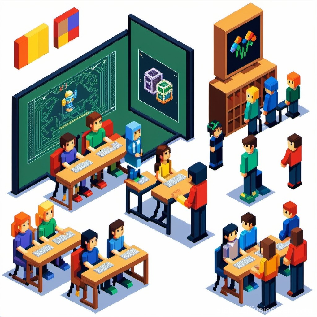 Isometric Pixel Art Classroom Scene with Students and Teacher