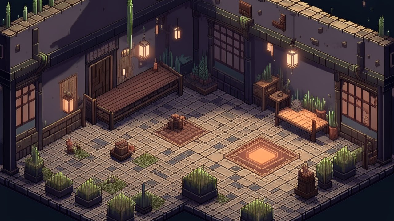 Isometric Pixel-Art Interior with Moody Lighting