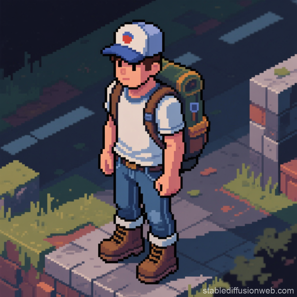 Isometric Pixel Art Male Character with Backpack