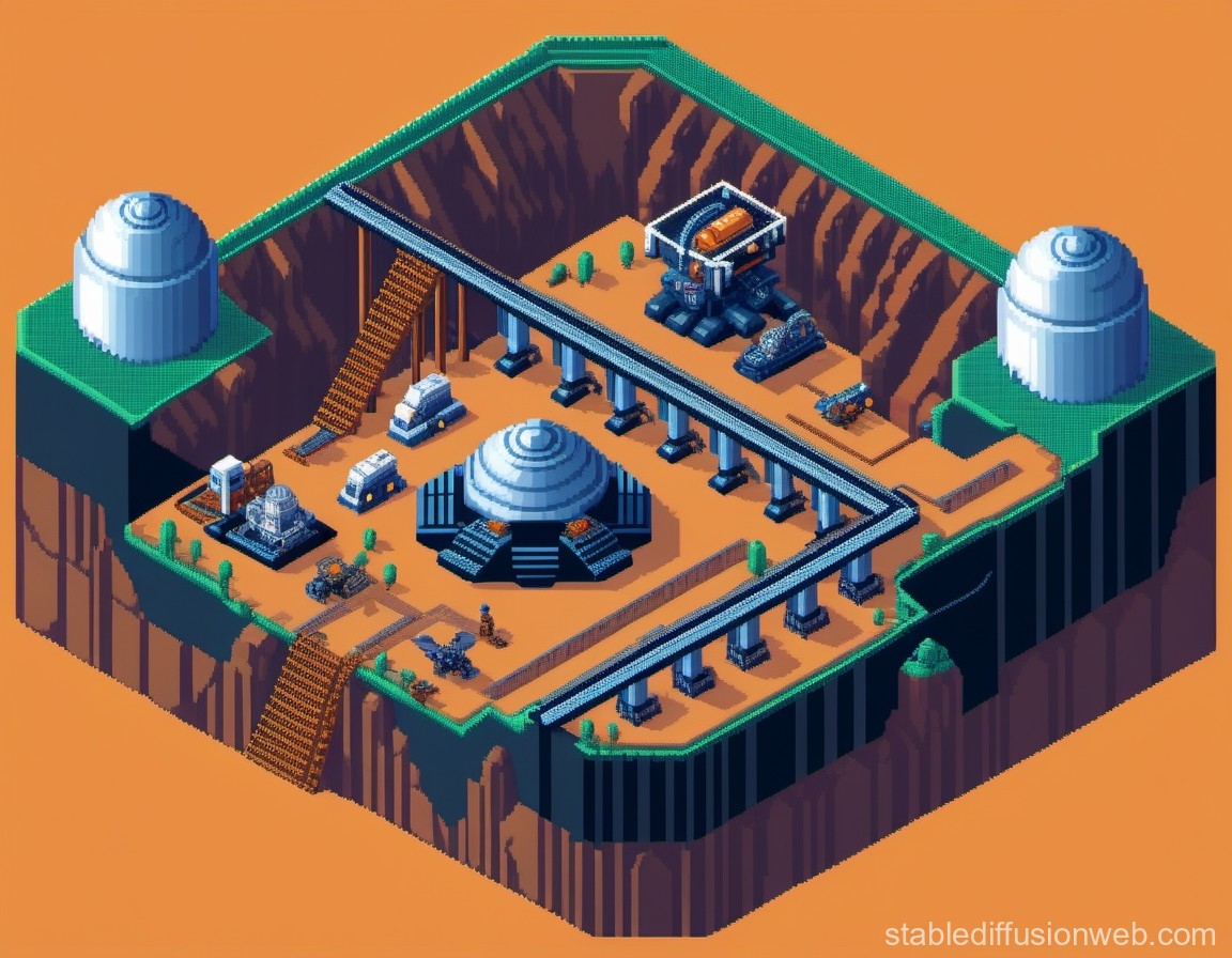 Isometric Pixel-Art Sci-Fi Base on Cliff