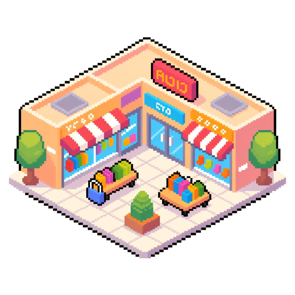 Isometric Pixel Art Shopping Center Exterior