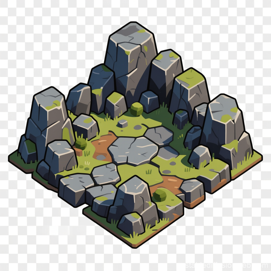 Isometric Rocky Terrain with Grass and Stones