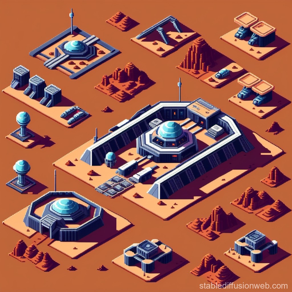 Isometric Sci-Fi Desert Base with Futuristic Structures