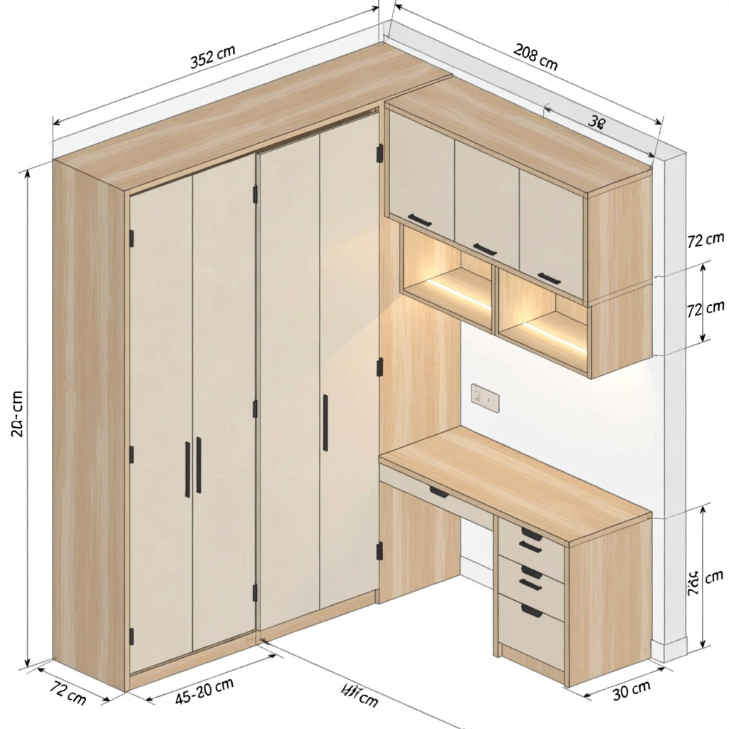 Isometric Wardrobe and Desk Corner Design with Dimensions