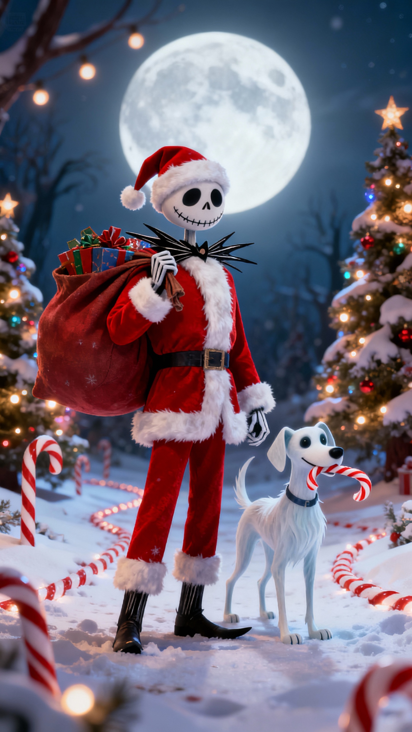 Jack Skellington as Santa with Zero in a Festive Winter Scene