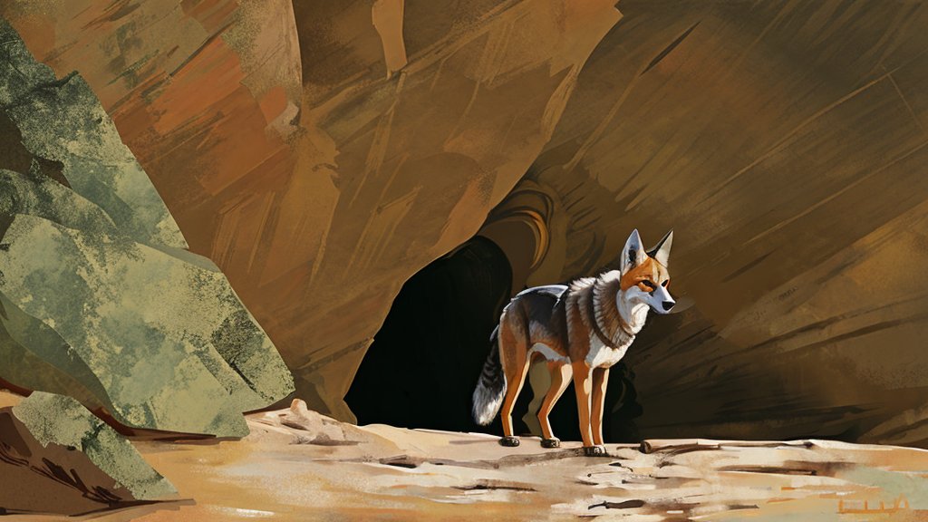 Jackal Standing at Cave Entrance in Stylized Landscape