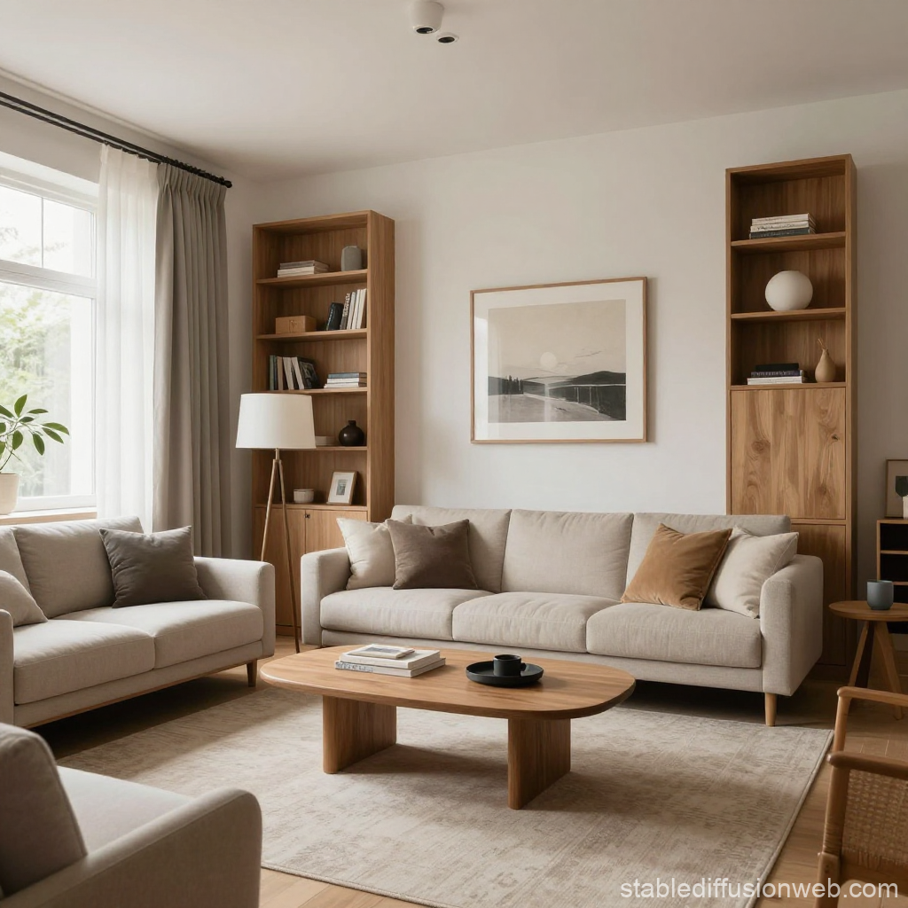 Japandi Style Living Room with Neutral Tones and Wooden Accents