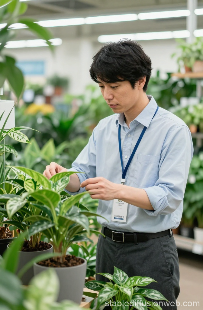 Japanese Advisor Examining Potted Plants in Greenhouse
