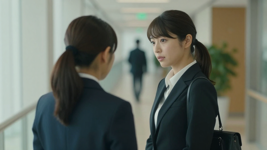 Japanese Businesswomen Conversing in Office Corridor