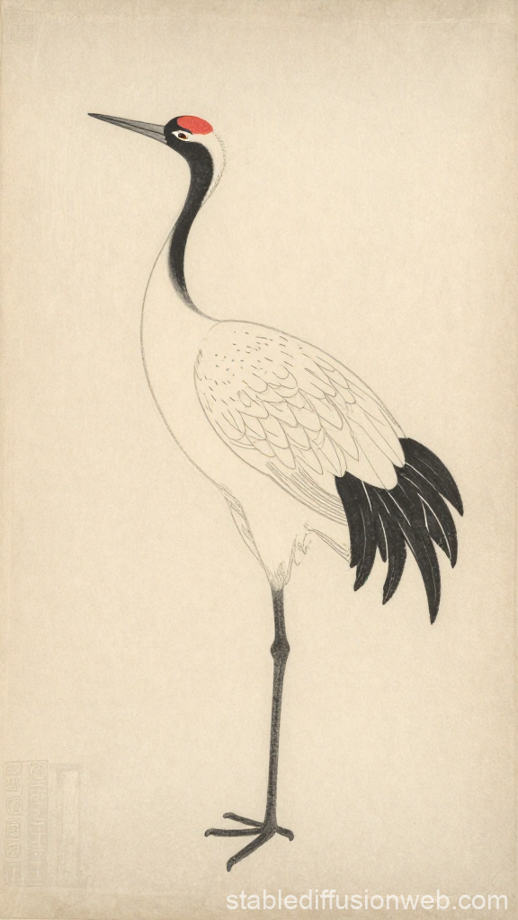 Japanese Crane in Traditional Ukiyo-e Style