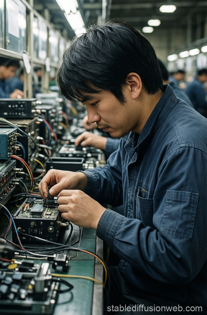 Japanese Electronics Assembly Worker Focused on Circuit Board