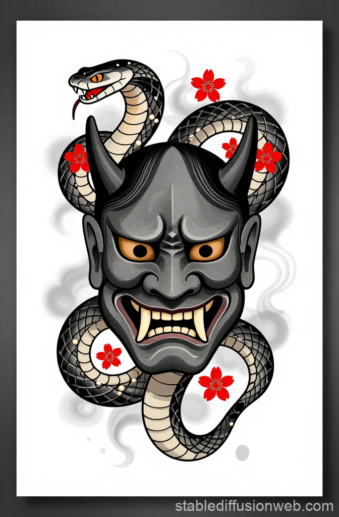 Japanese Hannya Demon Mask with Snake and Cherry Blossoms