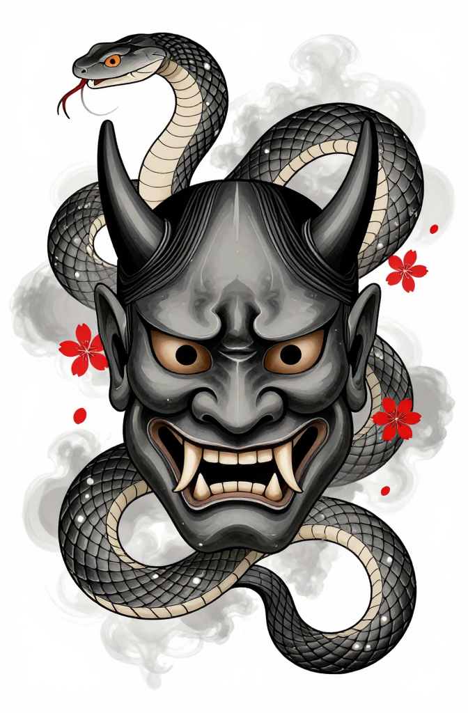 Japanese Hannya Mask with Coiling Snake and Red Flowers