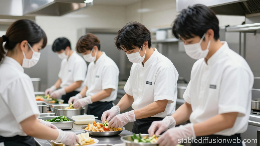 Japanese Kitchen Team Preparing Food in Professional Setting