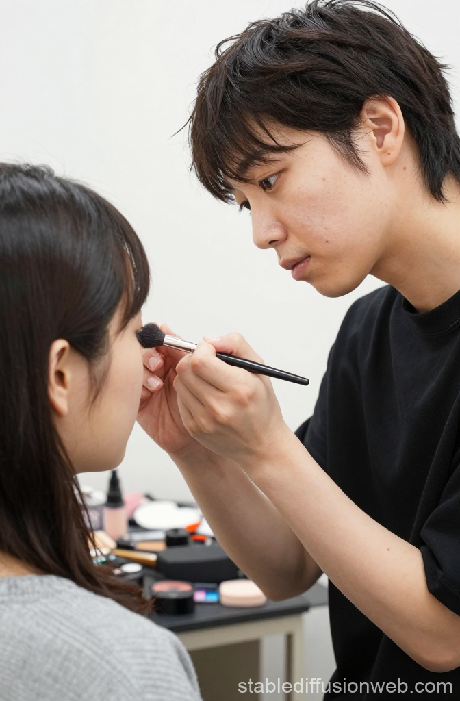 Japanese Makeup Artist Applying Makeup on Client