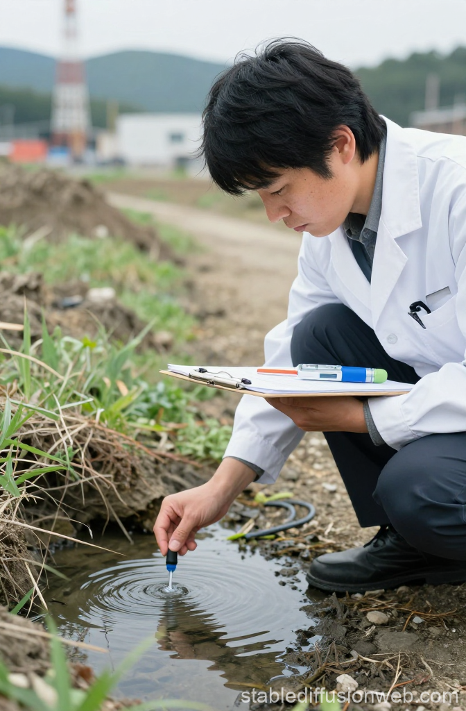 Japanese Researcher Collecting Water Sample Outdoors