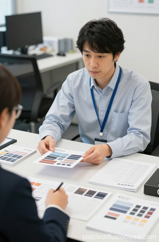 Japanese Sales Representative Discussing Color Samples in Office