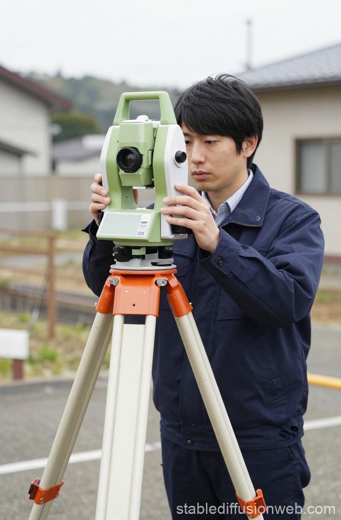 Japanese Surveyor Using Theodolite for Land Measurement