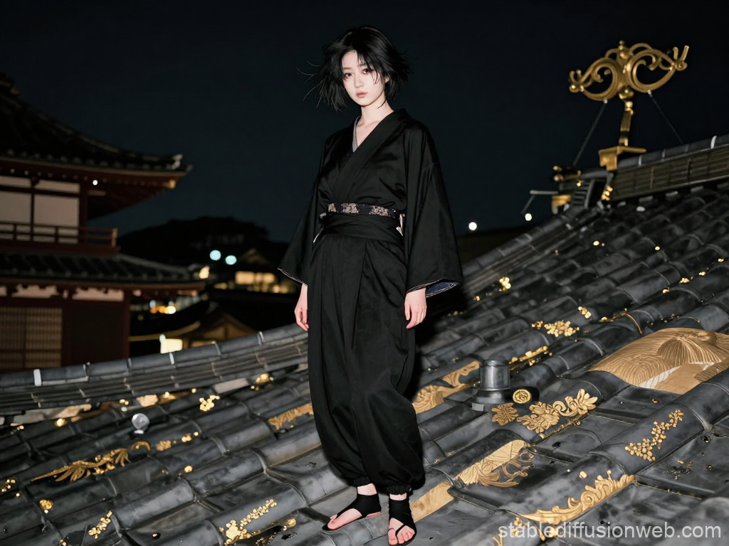 Japanese Woman in Black Kimono on Traditional Rooftop at Night