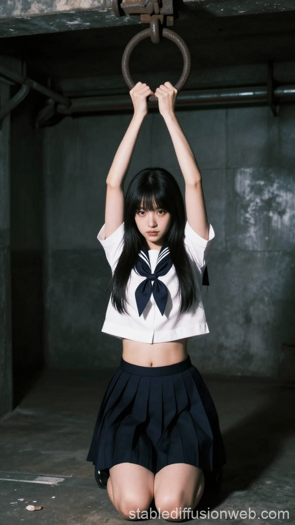 Japanese Woman in Sailor Uniform Kneeling and Holding Overhead Ring