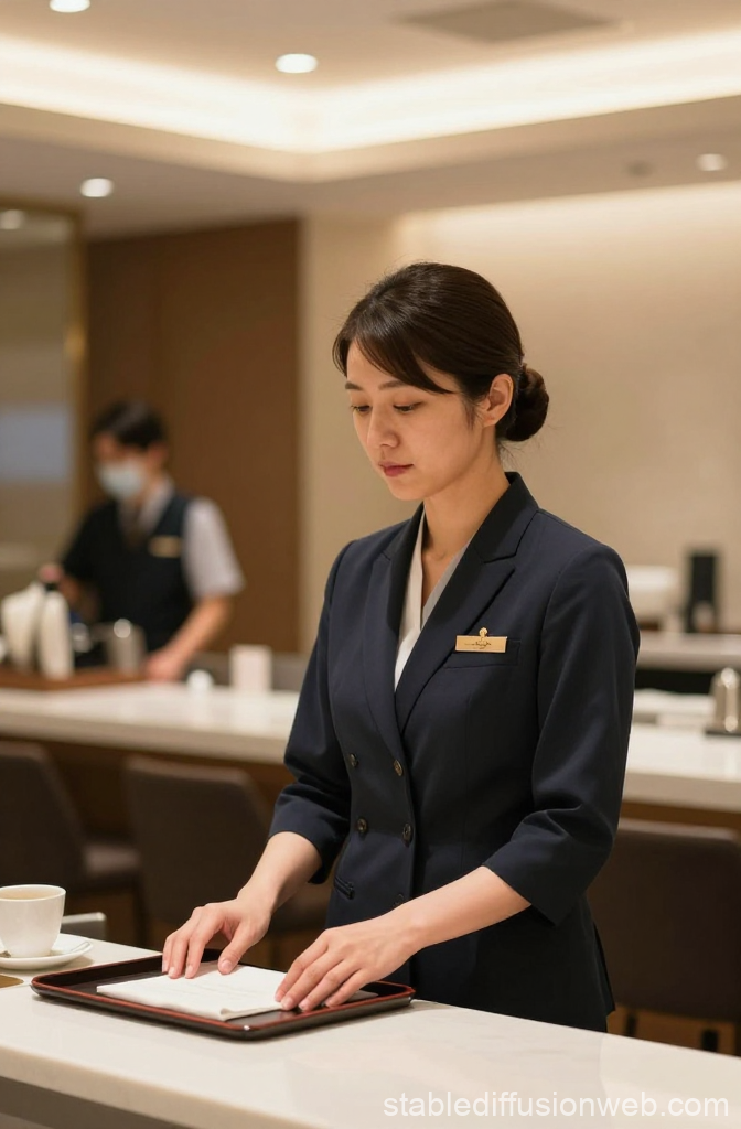Japanese Woman in Upscale Hotel Uniform Preparing Service