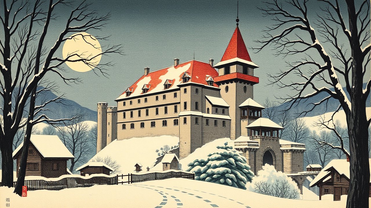 Japanese Woodblock Print of Snowy Castle Under Full Moon