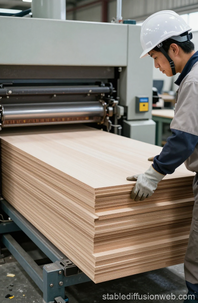 Japanese Worker Handling Veneer Sheets in Factory