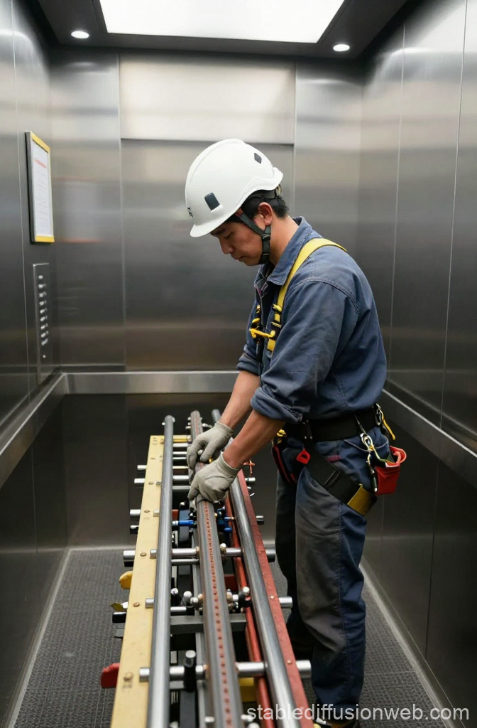 Japanese Worker Installing Elevator Components