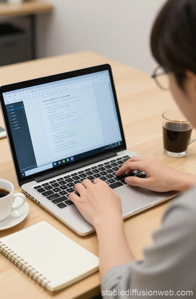 Japanese Writer Typing on Laptop at Desk