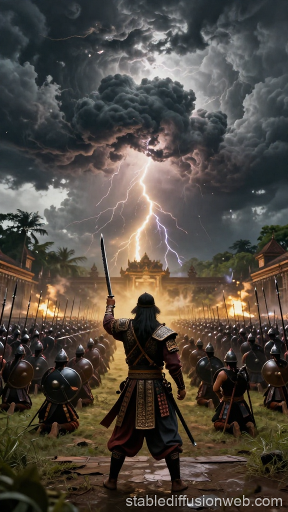 Javanese Warrior Leading Army Amidst Thunderstorm