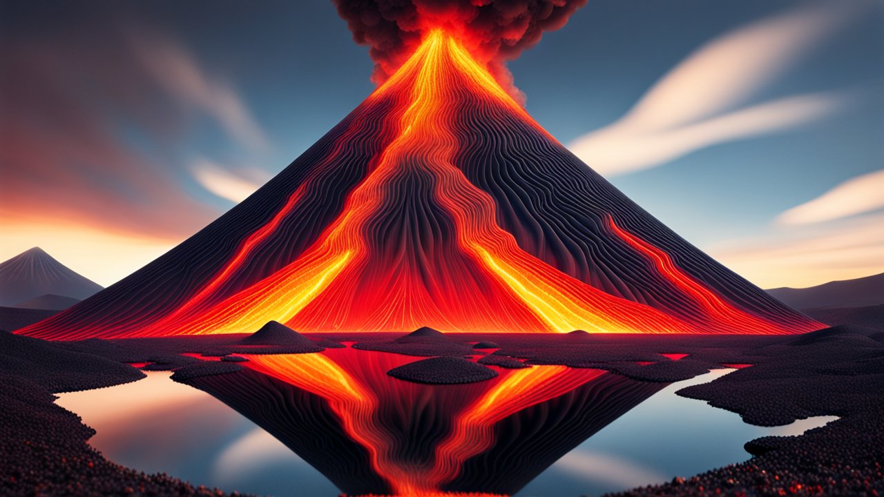 Jeweled Volcano Erupting with Reflective Lava Flow