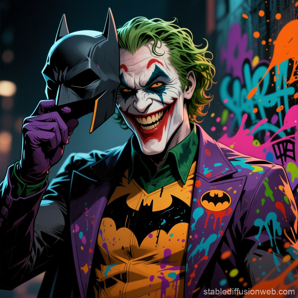 Joker Unmasked Holding Batman Mask with Graffiti Background