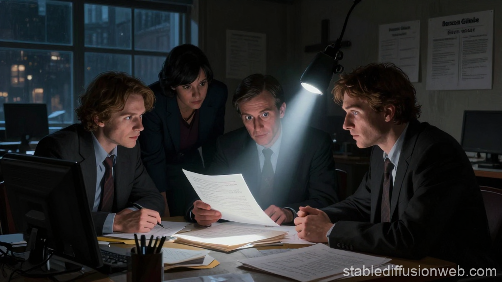 Journalists Investigating Under Spotlight in Dim Office