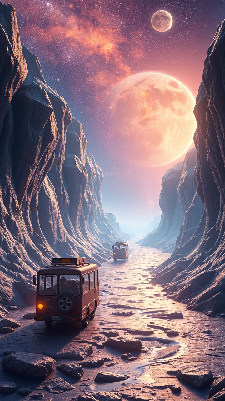 Journey Through an Alien Canyon Under Twin Moons