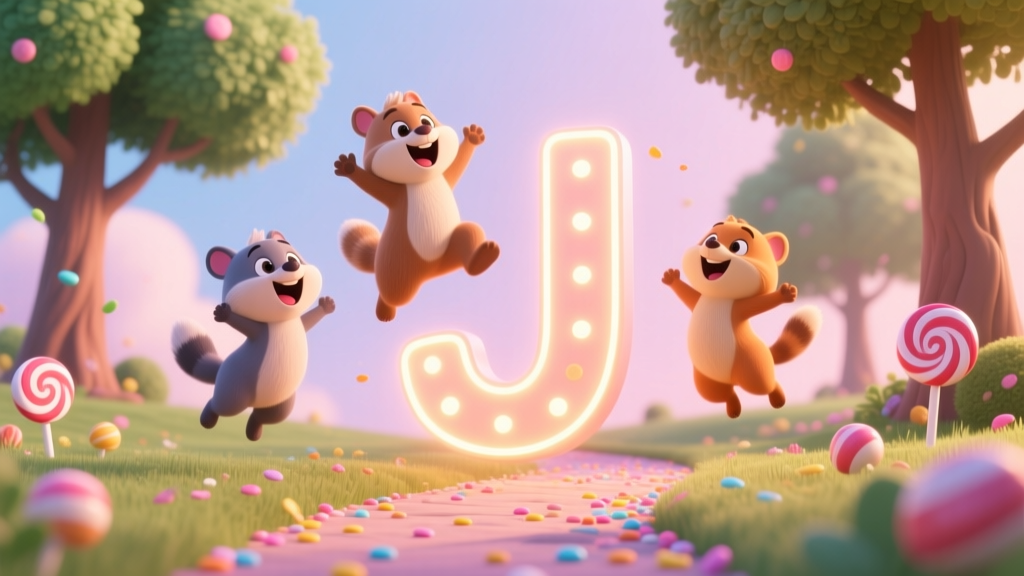 Joyful Animals Jumping Around Glowing Letter J
